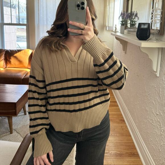 PISTOLA Arlo Polo Sweater in Tan Noir Stripe Size Large - Picture 1 of 8